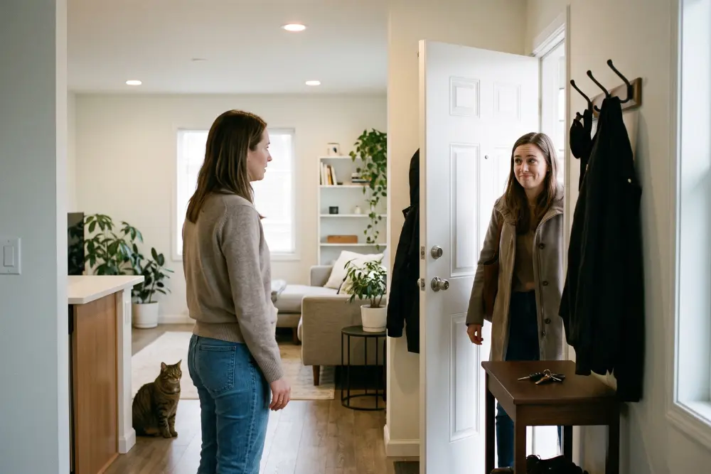 Owner asking her sister about cat smell at the front door